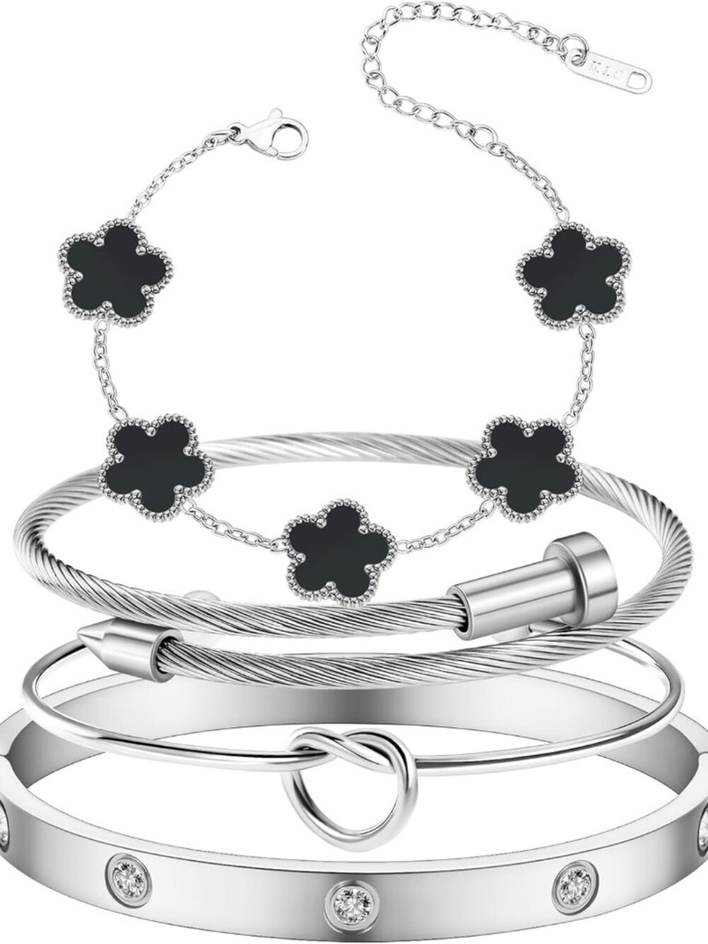 Trendy 4-Pc Stackable Floral Gold & Silver Bracelets Set - Non-Tarnish Jewelry